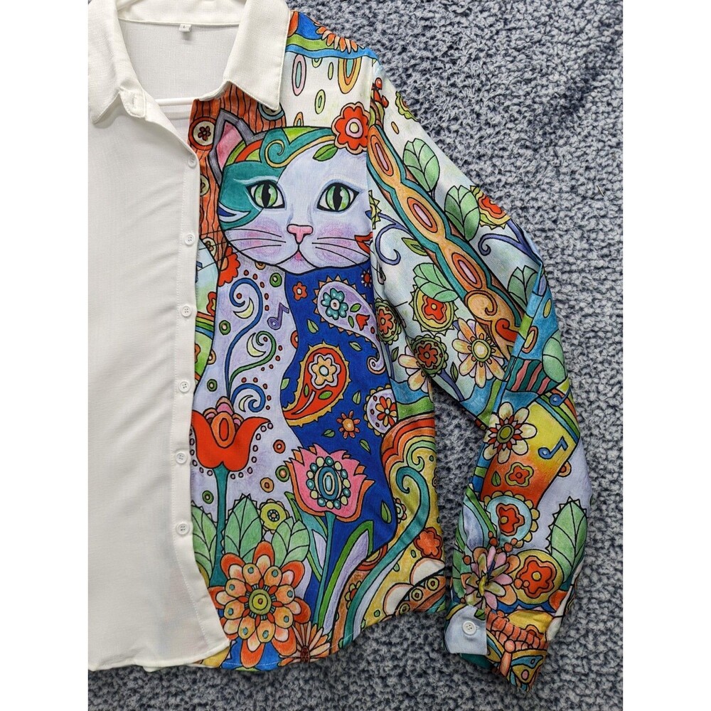 Cat Paisley Print Button Up Shirt Size LG Artsy Boho Whimiscal Funky White